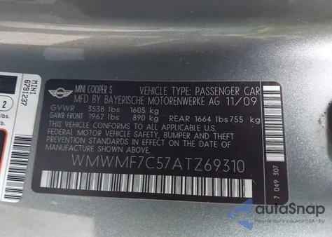 2010 Mini Cooper S z USA, uszkodzony, nr VIN WMWMF7C57ATZ69310